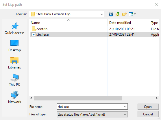 An example of path for the interpreter/compiler in the first use of `LispIDE`.