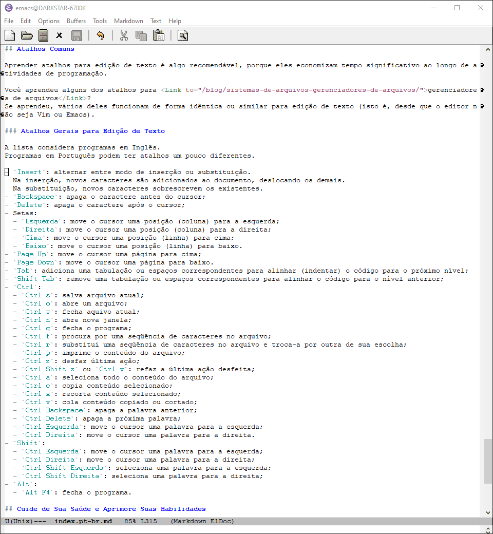 The Portuguese version of this page's content as shown by Emacs on Windows.