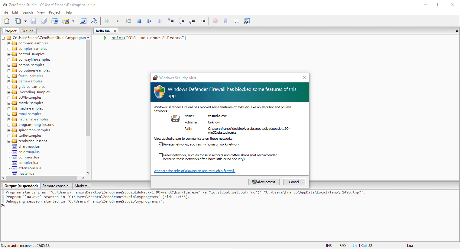 Aviso sobre uso da rede por `ZeroBrane Studio` emitido na primeira tentativa de uso do depurador no Windows.