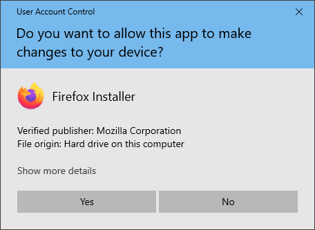 A imagem do User Account Control solicitando confirmação antes da instalação do navegador Firefox.