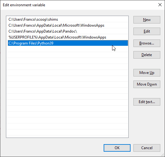 O caminho para o interpretador Python adicionado à variável de ambiente `PATH` do usuário `Franco`.