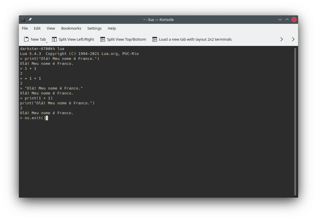 An example of starting and using the Lua interpreter in the command line. Use `lua` to start the interpreter; inside it, you can write code. The image presents examples of running code presented on this section.