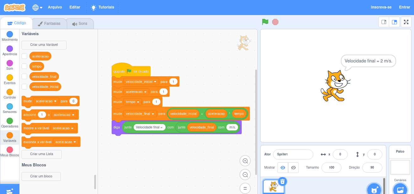 Implementação da função horária da velocidade em Scratch.