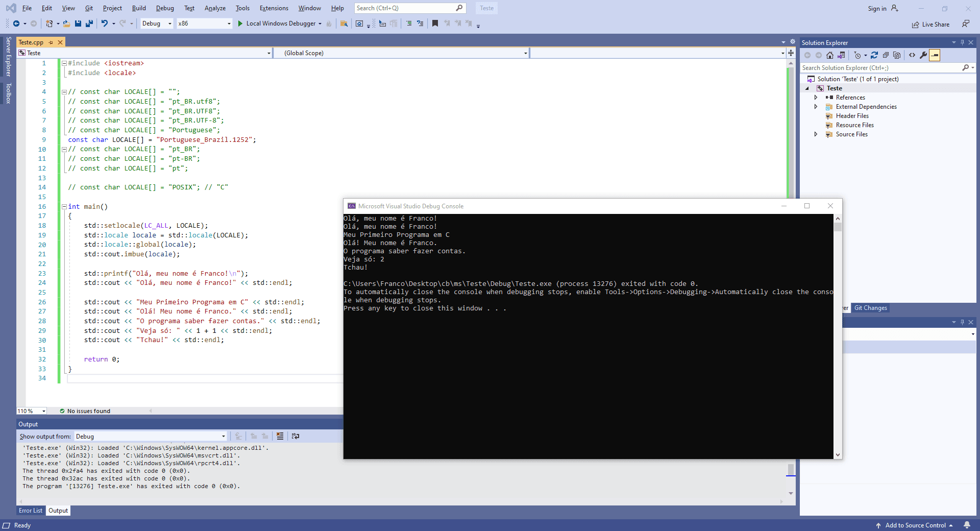 Exemplo de usos de acentos no Visual Studio (compilador `MSVC`) com locale configurado para Português do Brasil.