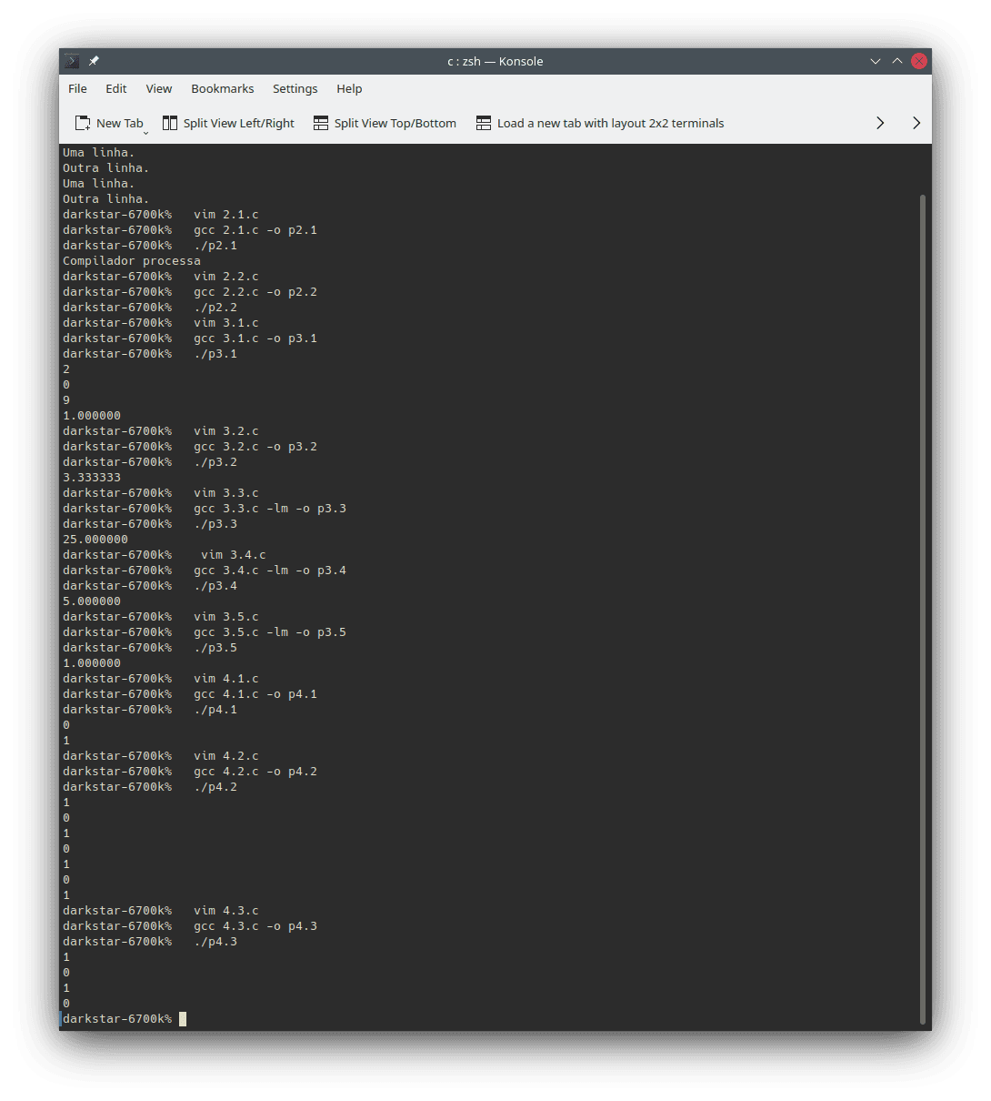 Exemplos de uso e saídas dos trechos de código apresentados nesta seção utilizando o compilador `gcc` para gerar programas escritos em linguagem C na linha de comando. A saída são os resultados da execução dos programas no interpretador `zsh` usando `Konsole` em Linux.