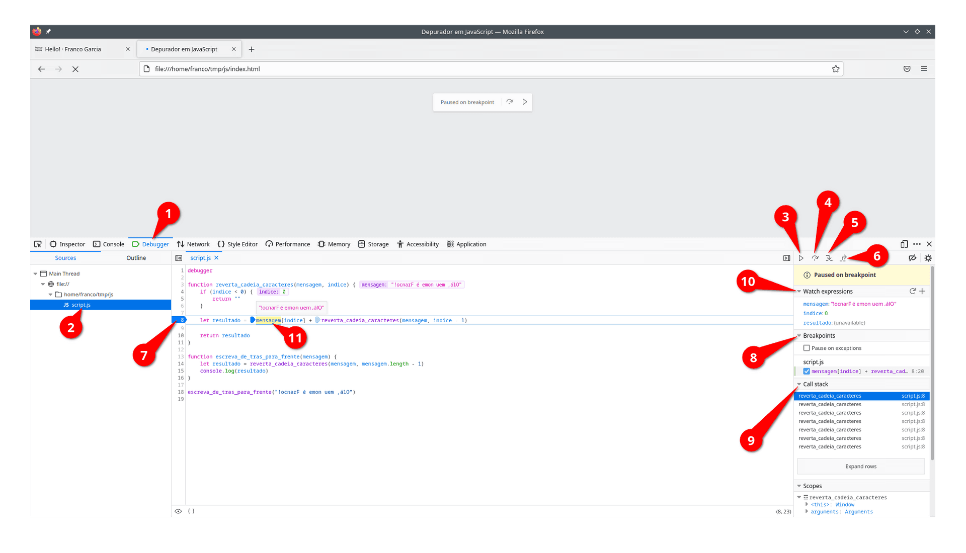 Depurador de Firefox para JavaScript. A imagem possui alguns números com funcionalidades providas na interface. Os números são descritos em texto após esta imagem.