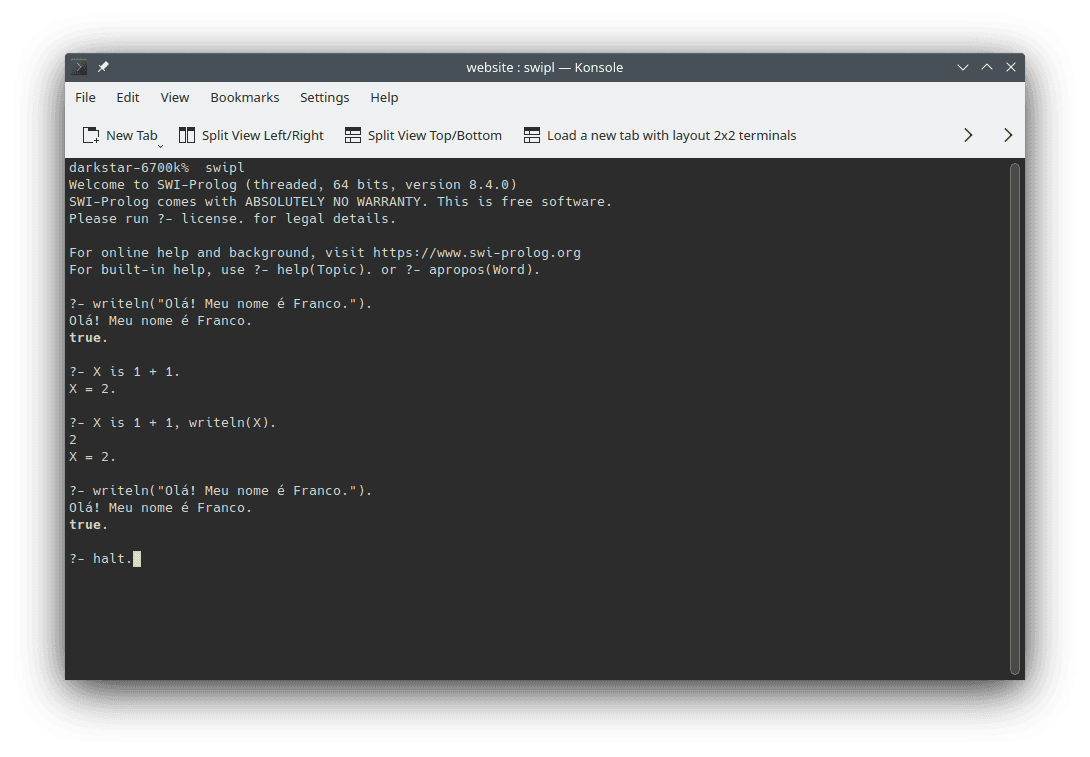 An example of starting and using a Prolog interpreter in the command line. Use `swipl` to start the interpreter; inside it, you can write code. The image presents examples of running code presented on this section.