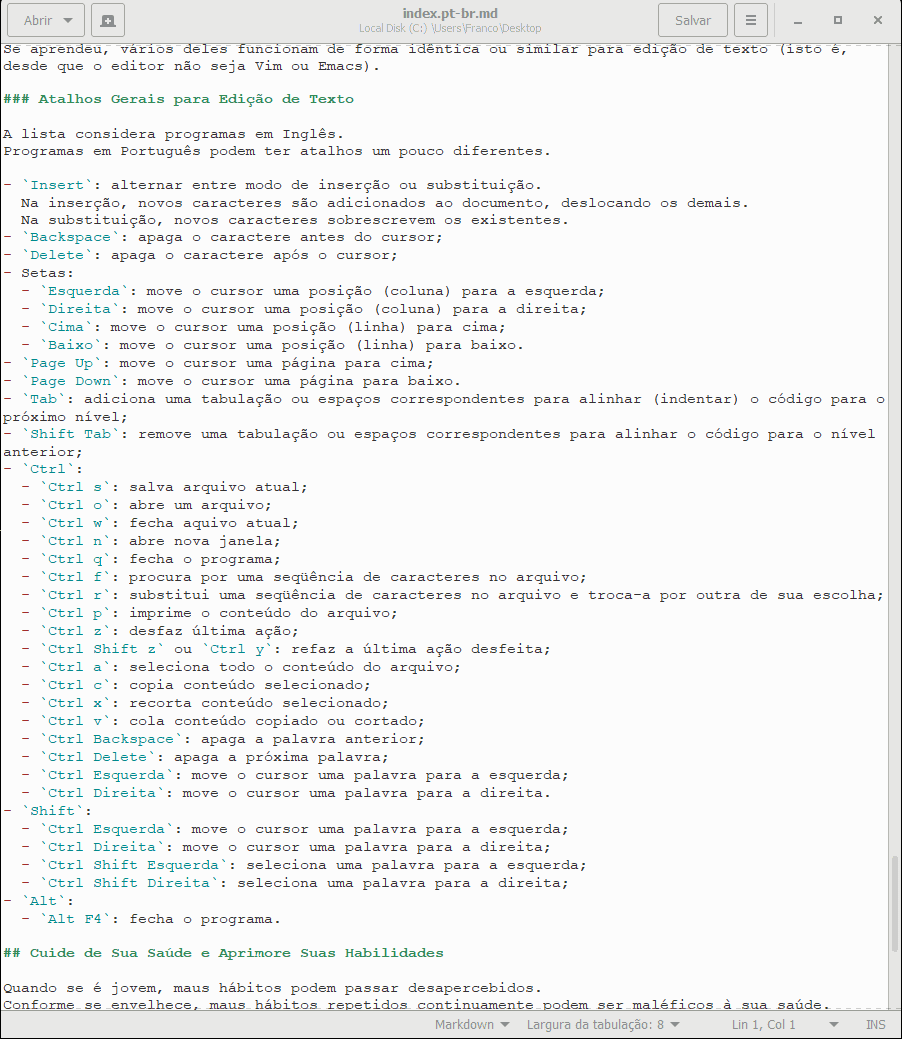 The Portuguese version of this page's content as shown by gedit on Windows.