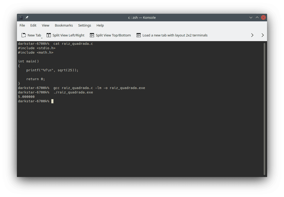Compilação e execução do programa para cálculo da raiz quadrada de 25 em linha de comando, usando `gcc` em um sistema Linux. Na linha usada para compilação, deve-se destacar o uso de `-lm` para o _link_ da biblioteca de matemática `math.h`.