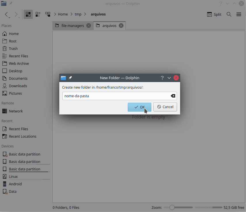 The Dolphin interface to select and confirm a name to the new folder.