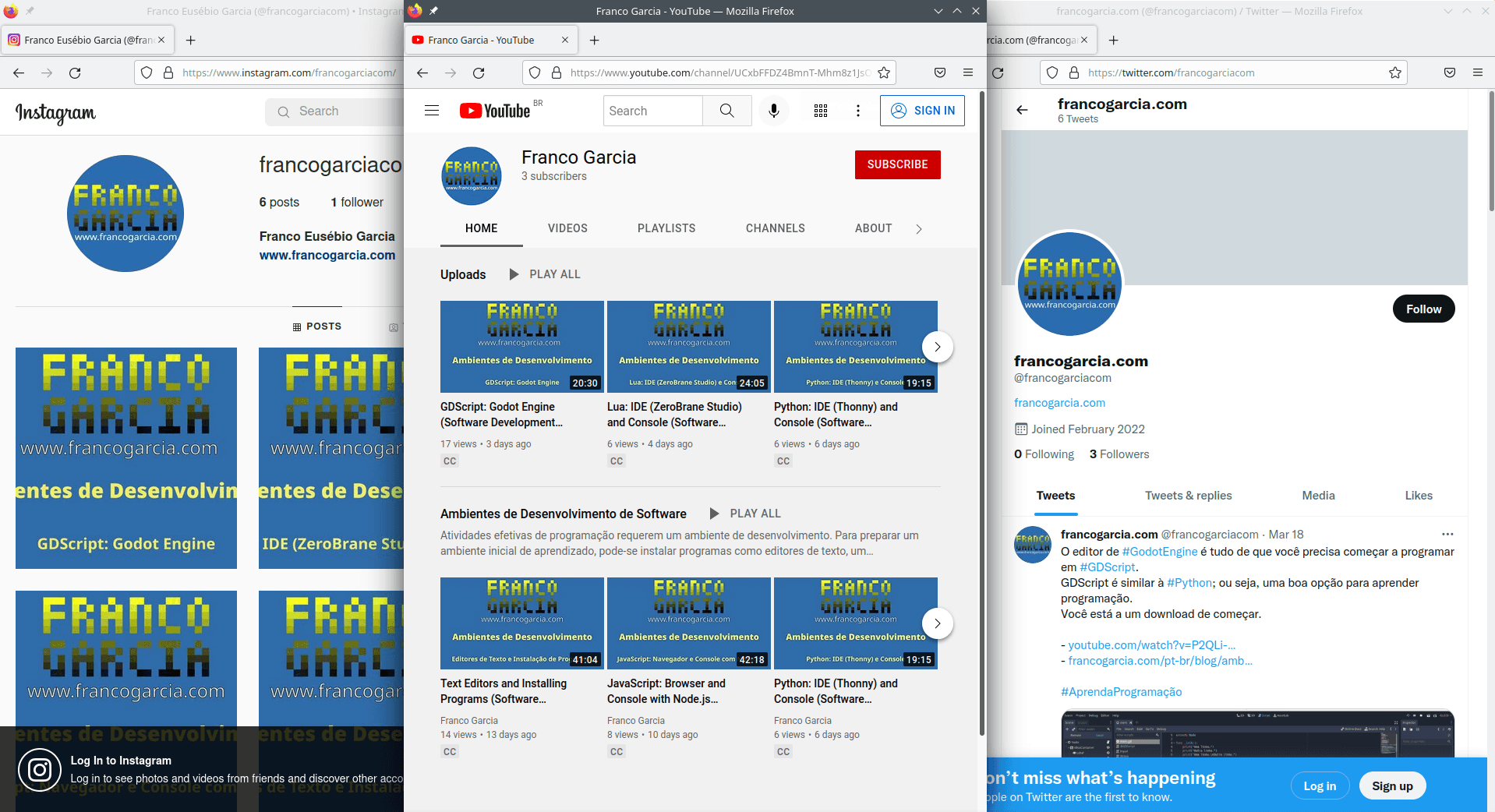 FrancoGarcia.com no Instagram (@francogarciacom), YouTube (UCxbFFDZ4BmnT-Mhm8z1JsOA) e Twitter (@francogarciacom).
