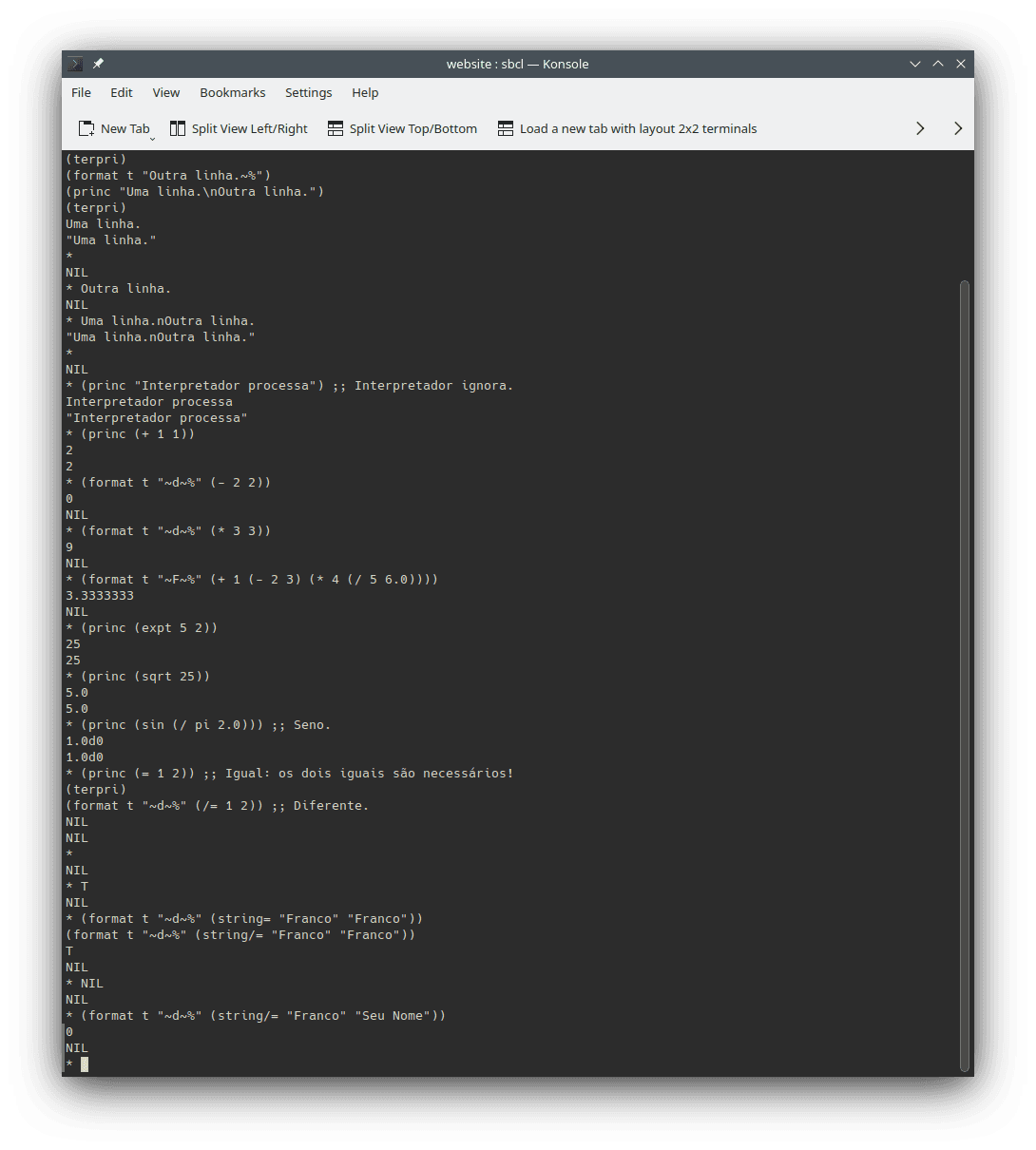 Exemplos de uso e saídas dos trechos de código apresentados nesta seção utilizando o interpretador `sbcl` para LISP na linha de comando.