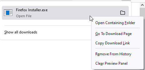 The context menu for the downloaded file. Options include open containing folder, go to download page, copy download link, remove from history and clear preview panel.