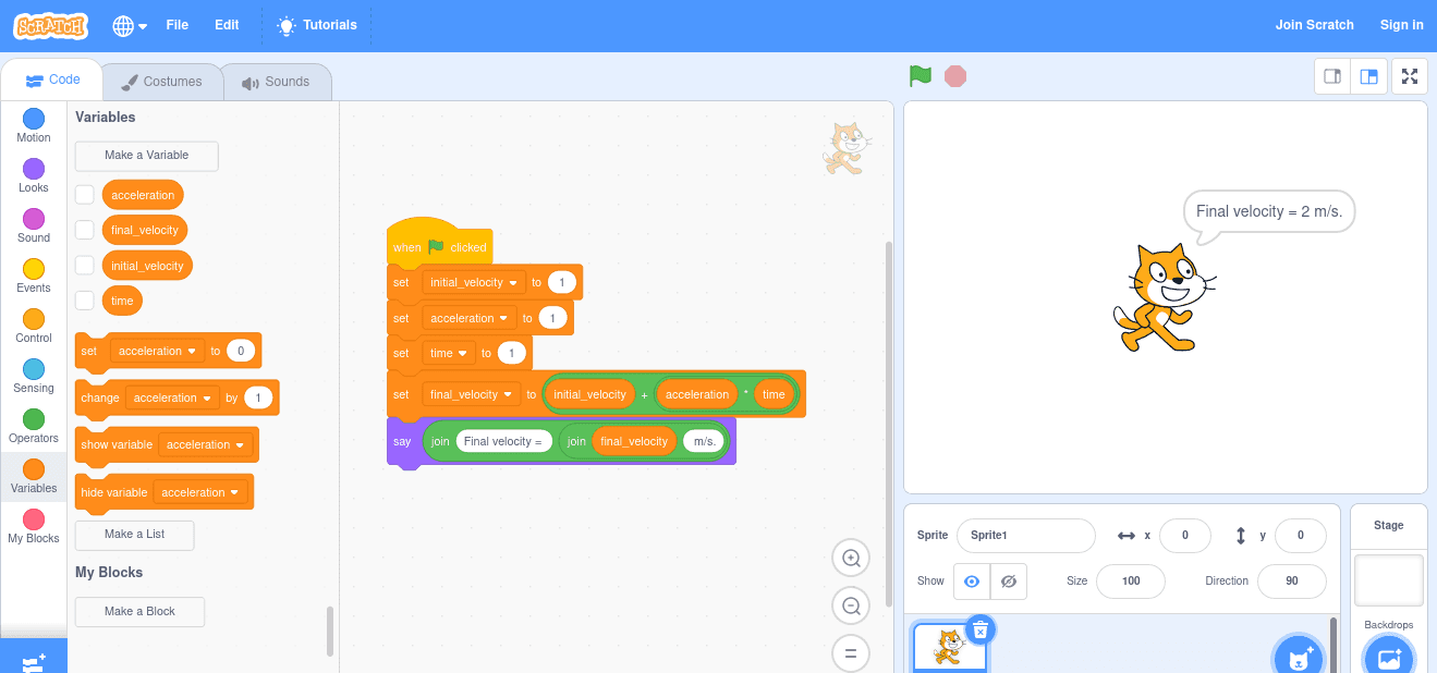 Implementation of velocity as function of time in Scratch.