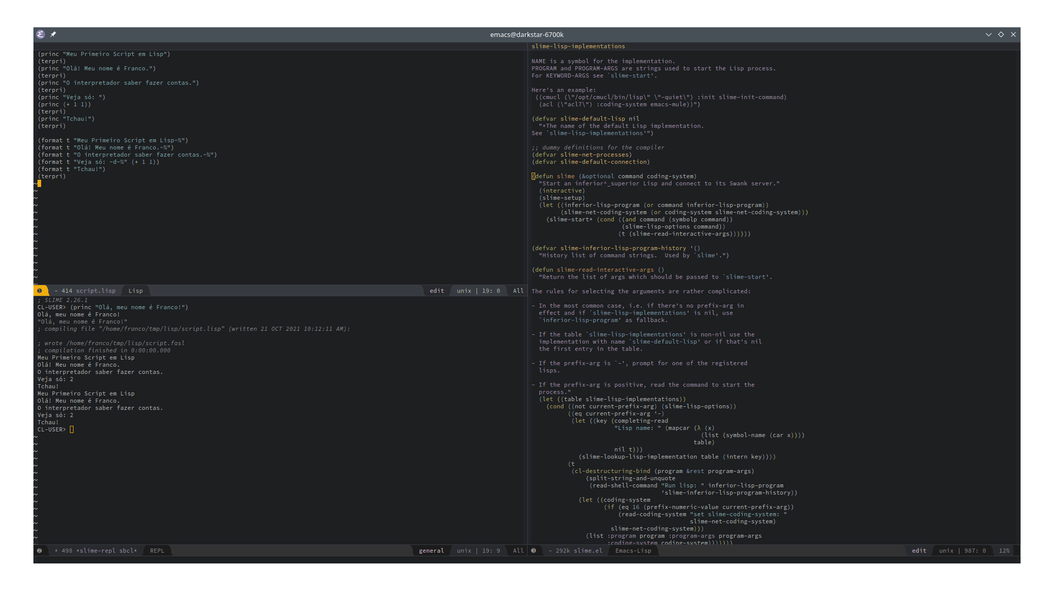 Imagem do editor de texto GNU Emacs para programação em linguagem LISP, com exemplos de código-fonte apresentados nesta página no editor e resultados de execução no interpretador. Na parte direita da imagem, parte do código-fonte para definição de SLIME, que pode ser usado no Emacs para programação em LISP.