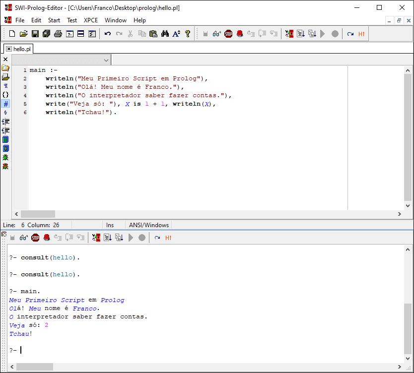 Exemplo de uso de SWI-Prolog-Editor com o código de `script.pl` carregado em um arquivo chamado `hello.pl`.