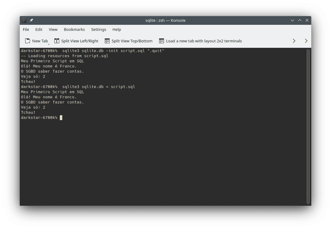 Example of running the `script.sql` in the command line. The image shows the performed command (`sqlite3 sqlite.db < script.sql`) and the results its execution.