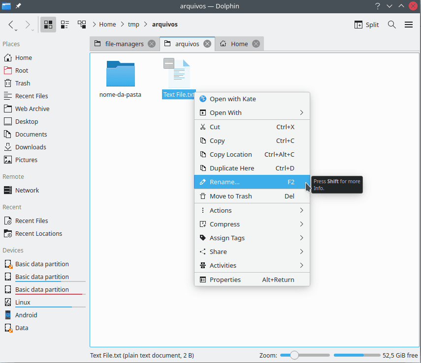 O menu de contexto exibido pelo Dolphin para arquivos de texto. As opções de abrir em nova aba ou janela dão lugar a abrir o arquivo usando um editor de texto chamado Kate. A opção que será selecionada é de renomear arquivo.
