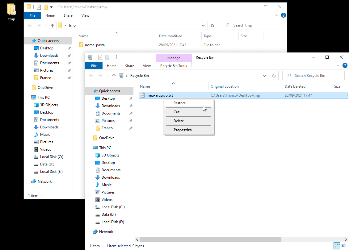 Two opened windows. The first shows the directory without the file, which is now inside the trash (bin/can). The second shows the trash (bin/can). In the context menu provided for the file in the trash, the restore option is focused.