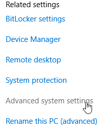 A opção de configurações avançadas de sistema com foco.