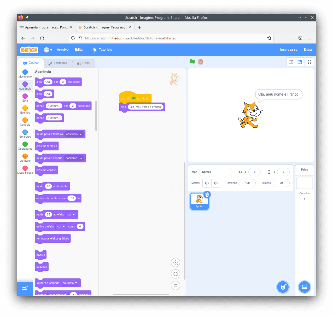 Exemplo de programação visual em Scratch em página em Português.