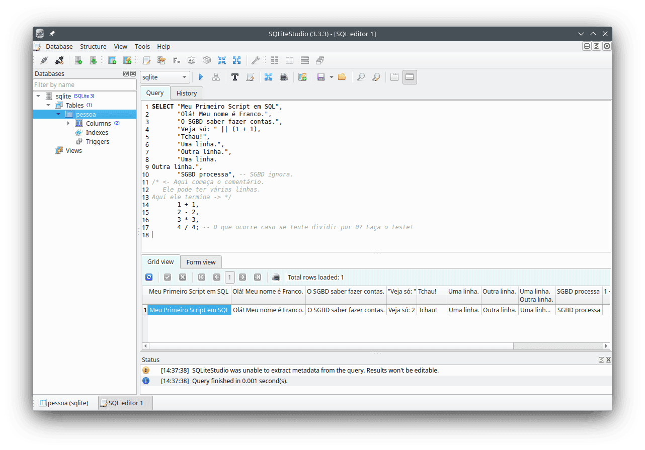 Example of using the program `SQLiteStudio`, with code snippets presented in this page.