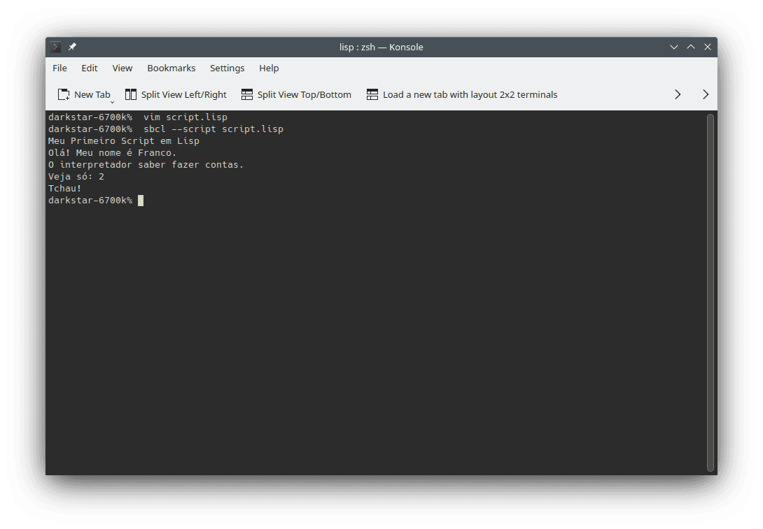 Execução do arquivo `script.lisp` na linha de comando. A imagem ilustra o comando utilizado (`sbcl --script script.lisp`) e os resultados da execução do programa.