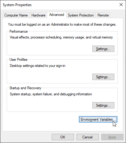 Na nova interface, o foco está na opção `Environment Variables` (`Variáveis de Ambiente`).