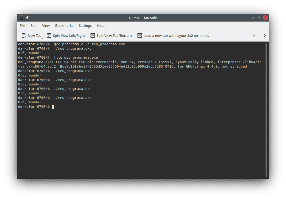 Compilação e execução do programa `Olá, mundo!` em linha de comando, usando `gcc` em um sistema Linux. A saída do comando `file` indica que o arquivo gerado é um arquivo executável para Linux (formato ELF). A imagem também ilustra vários usos do programa gerado. Ele foi compilado uma única vez, mas executado cinco vezes.