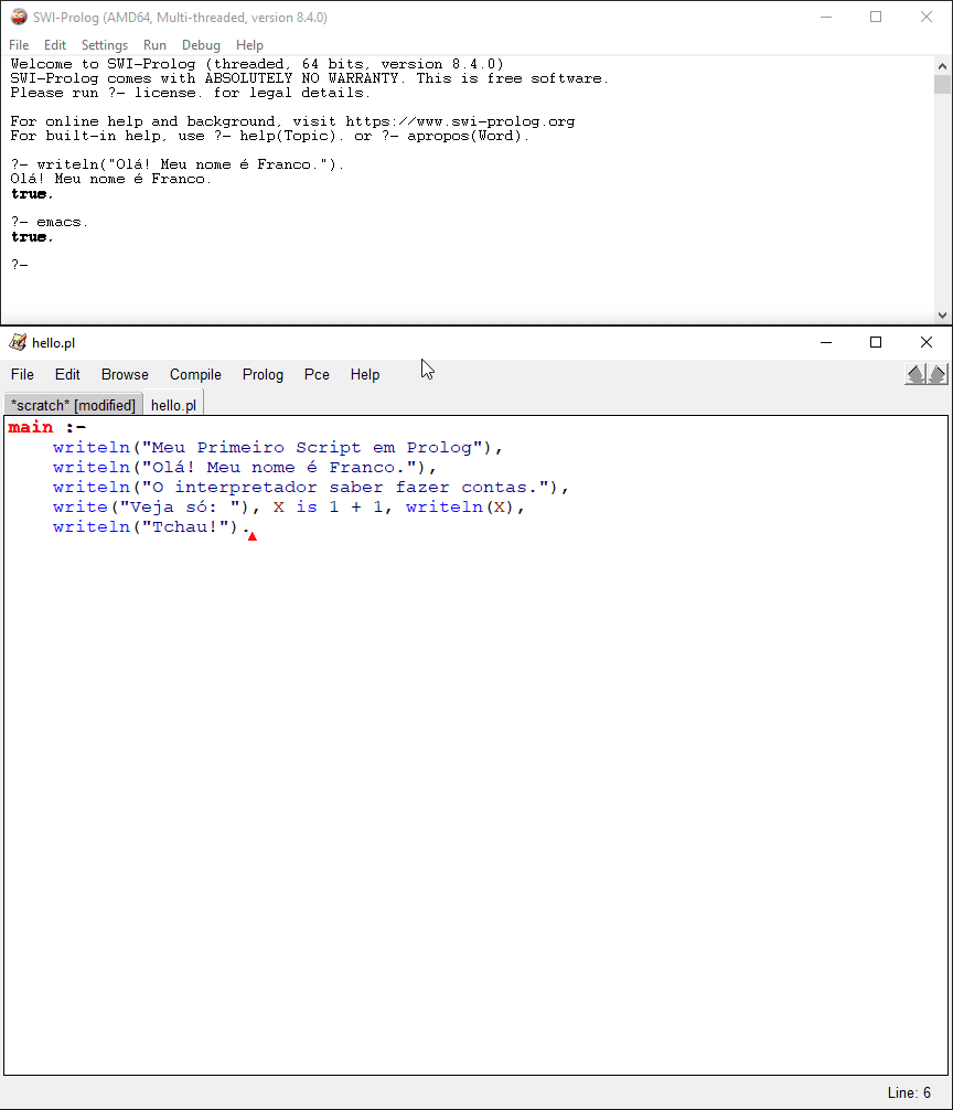 Exemplo de uso de PceEmacs com o código de `script.pl` carregado em um arquivo chamado `hello.pl`.