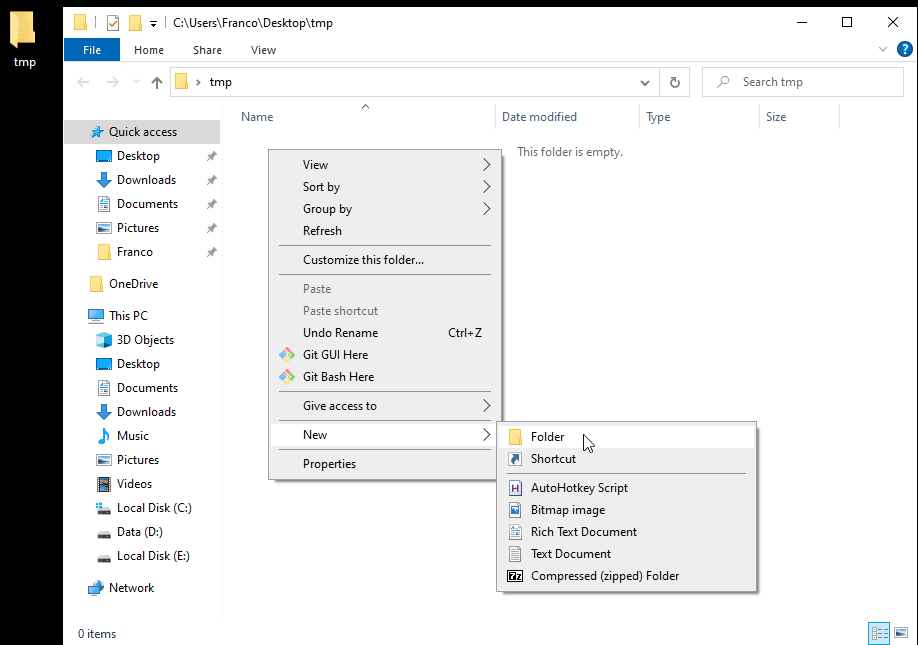After clicking the right button, a context menu appears. In the image, the option to create a new folder is focused.