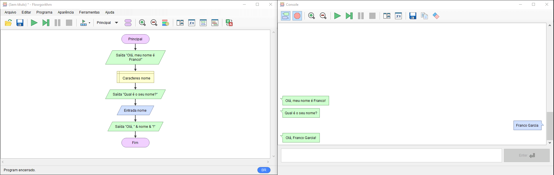 Exemplo de programação visual em Flowgorithm com uma variável do tipo cadeia de caracteres.