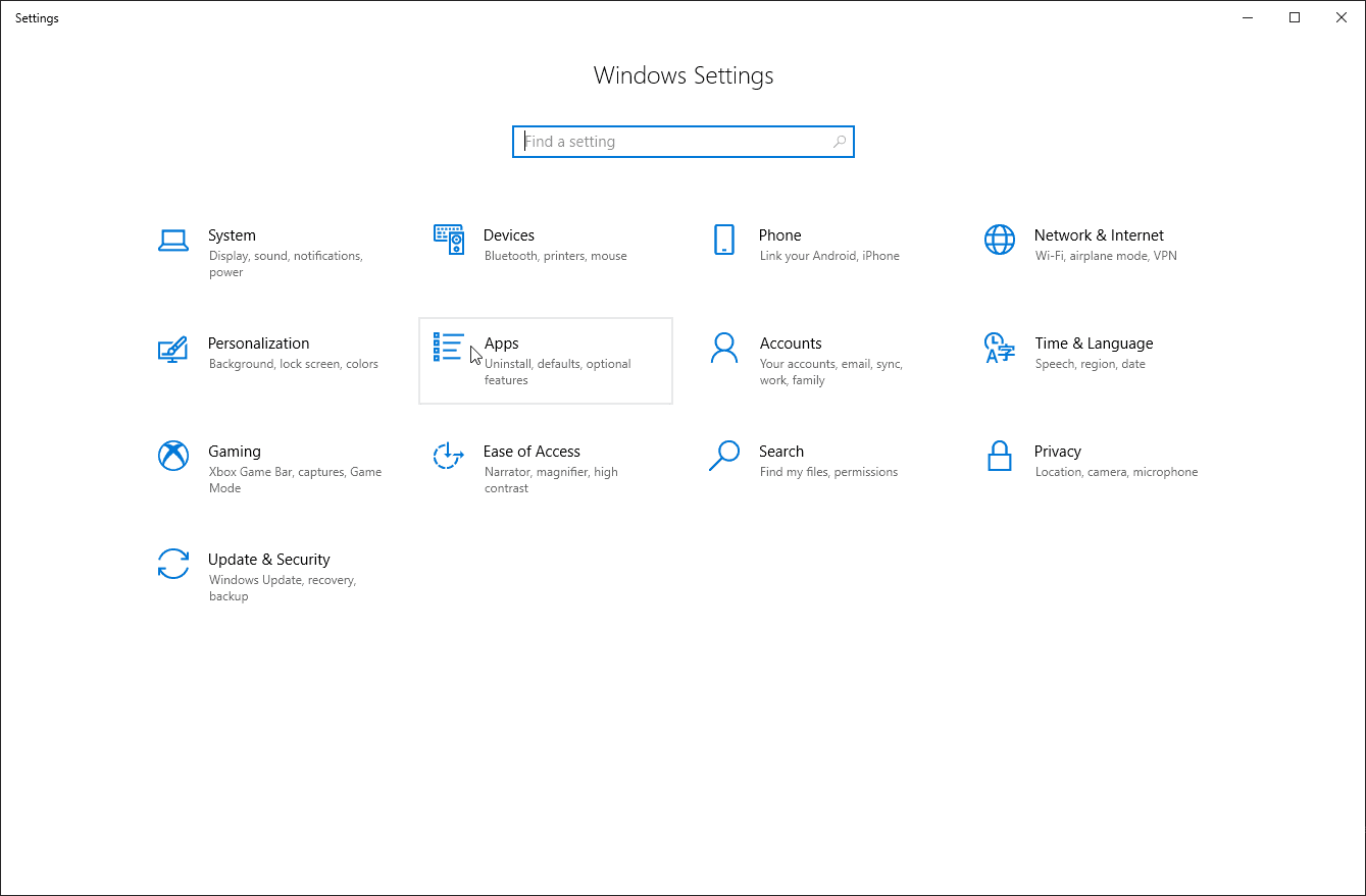 A interface de configurações do Windows (Windows Settings) com foco na opção `Apps` (programas).