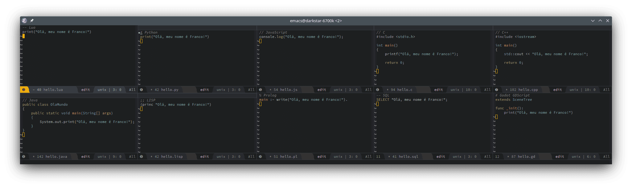 GNU Emacs with source code for the `Hello, world!` program, with `Olá, meu nome é Franco!` (which means `Hello, my name is Franco!` in Portuguese) written in ten programming languages: Lua, Python, JavaScript, C, C++, Java, LISP, Prolog, SQL e GDScript.