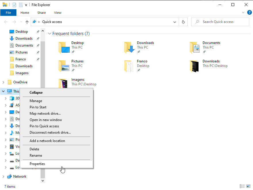 No File Explorer, procure pela opção `This PC` (Este PC). Abra o menu de contexto e escolha `Properties` (Propriedades). A imagem mostra o foco em propriedades.