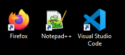 Ícones na área de trabalho para Firefox, Notepad++ e Visual Studio Code.