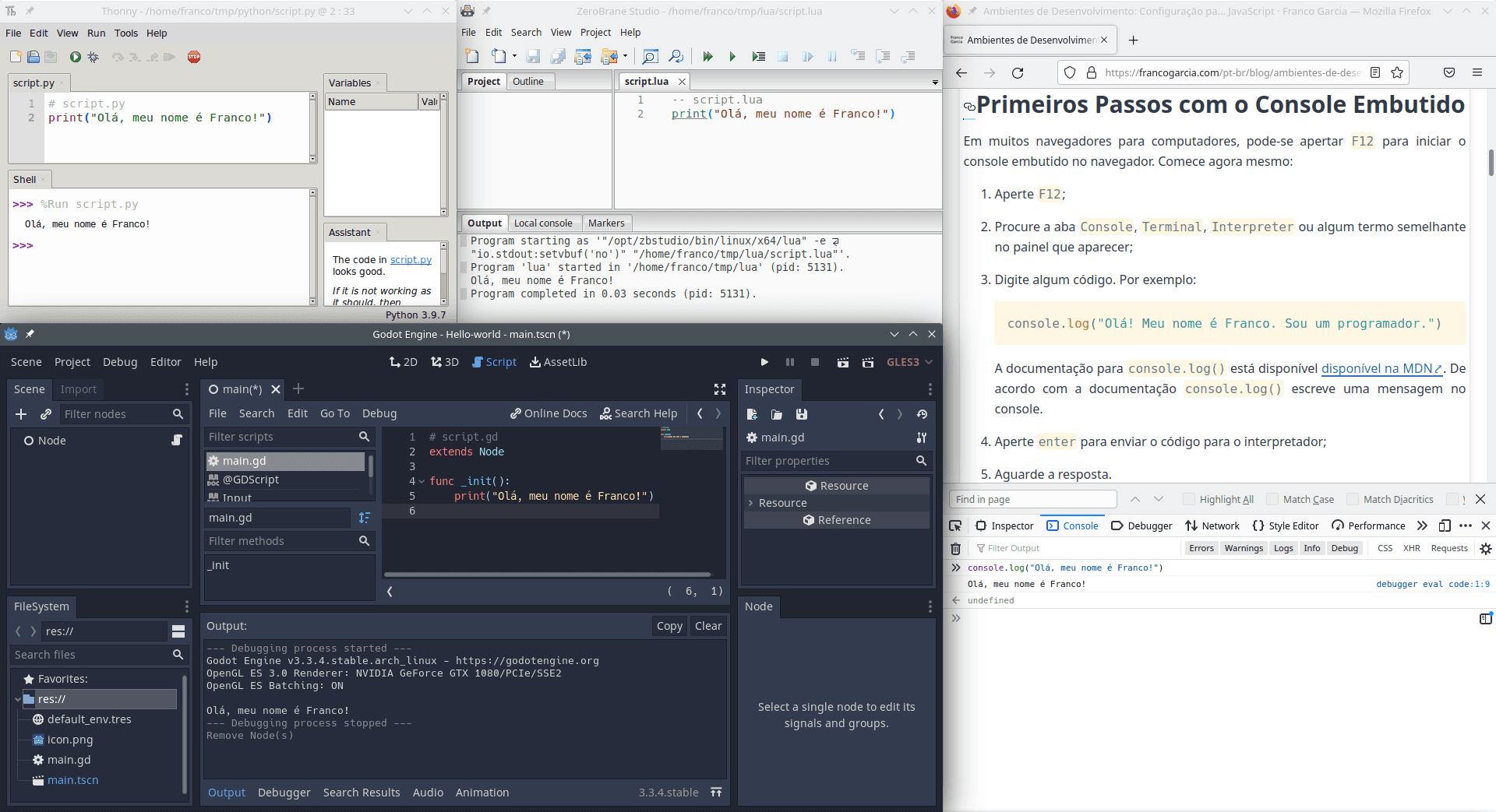 Example of terminal program output in four programming languages: Python, Lua, GDScript and JavaScript.