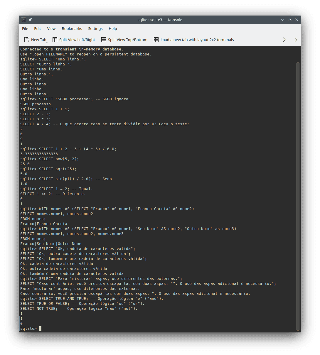 Examples of use and outputs of code snippets described in this section using the `sqlite3` DBMS for SQL on the command line.