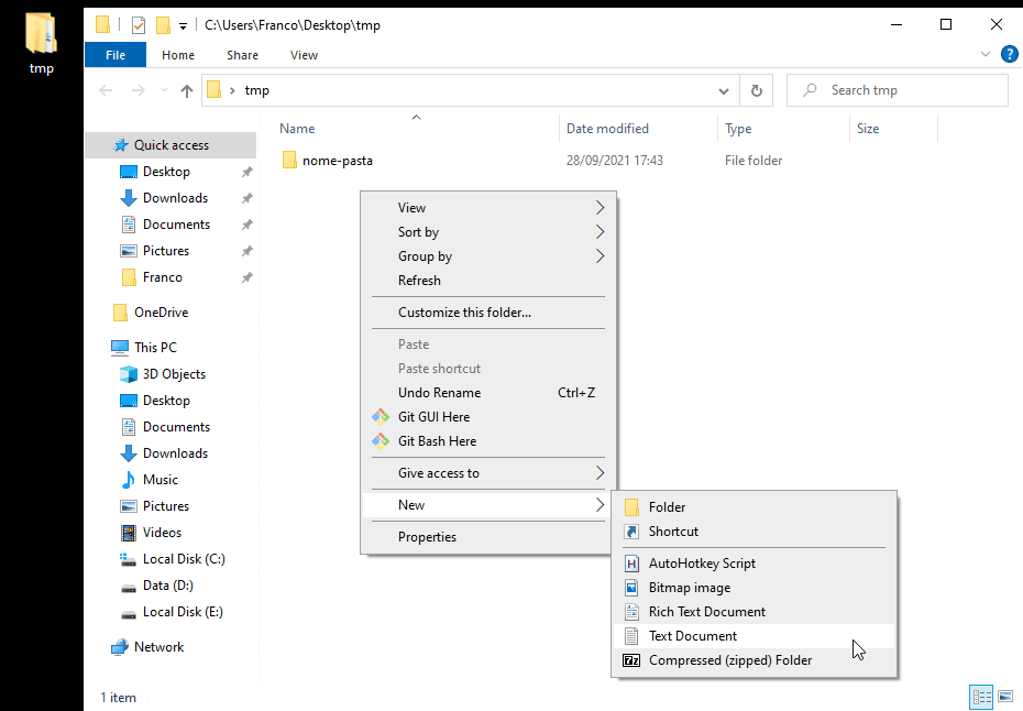 Context menu displayed by File Explorer. The focused action is to create a new text file.
