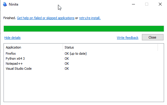 Tela do Ninite com a conclusão da instalação de todos os programas. No caso, ignorou-se a instalação do Firefox (pois já estava instalado e atualizado) e instalou-se Python x64 3, Notepad++ e Visual Studio Code.