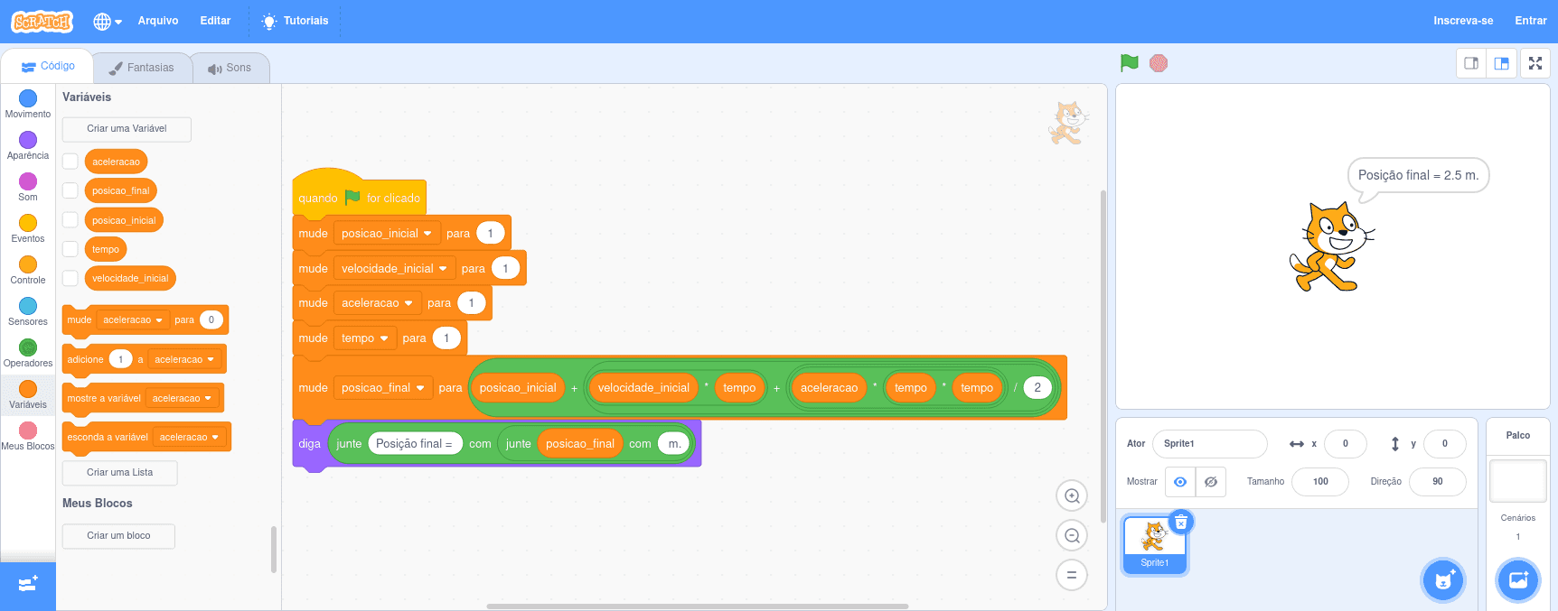 Implementação da função horária da posição em Scratch.