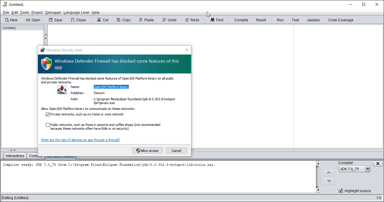 Alert about an attempt to use the network during the first use of `DrJava`.