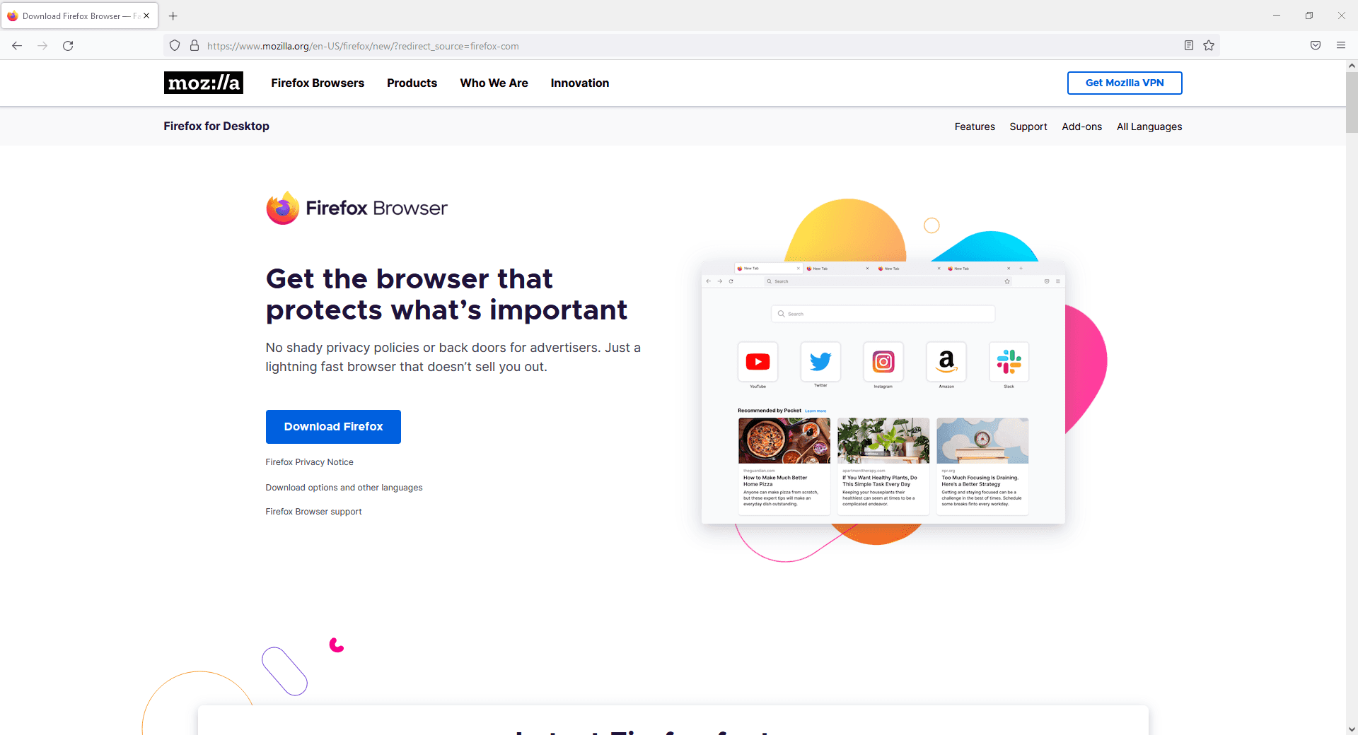 Uma reprodução da página inicial do site oficial do Firefox obtida no dia da escrita deste tópico. A opção de download está presente em um botão escrito `Download Firefox`.