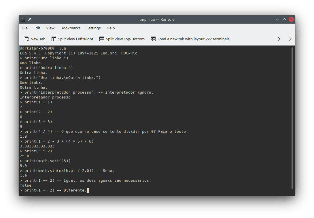 Examples of use and outputs of code snippets described in this section using the `lua` interpreter on the command line.