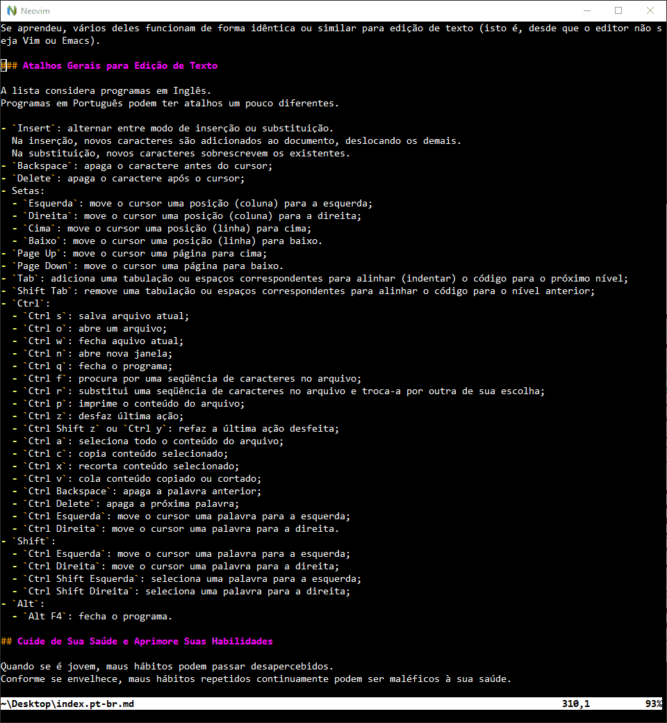 The Portuguese version of this page's content as shown by NeoVim on Windows.