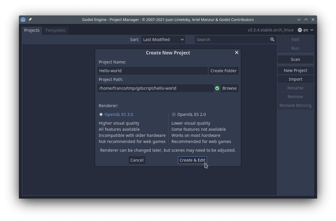 Example of filling values for a new project.