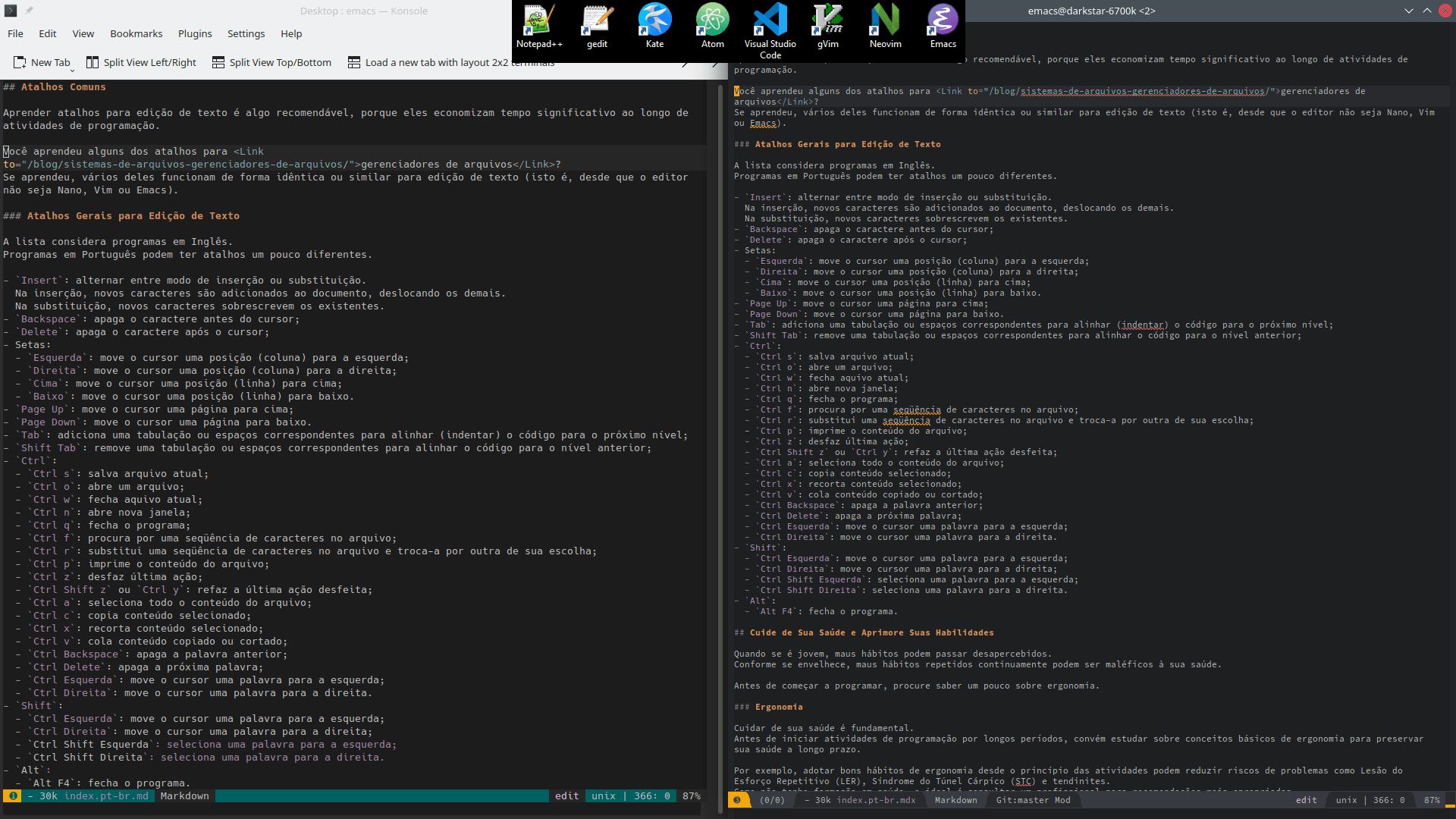 At the top center of the image, the icons of some text editors used for programming: Notepad++, gedit, Kate, Atom, Visual Studio Code, gVim, NeoVim and Emacs. The background, to the left: the author's Emacs configuration running in a terminal session (KDE's Konsole). To the right: the author's Emacs configuration running the graphical user interface.