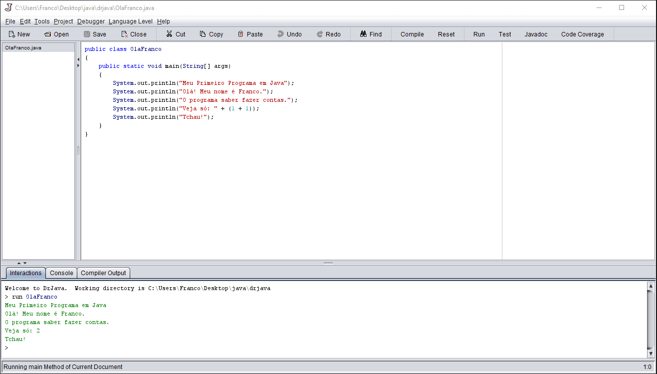 Executando um programa no `DrJava` usando os passos definidos no texto.