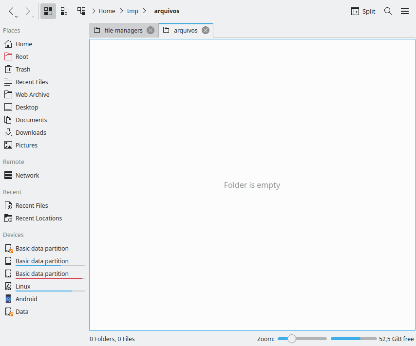 The image shows an empty folder as displayed by the Dolphin.